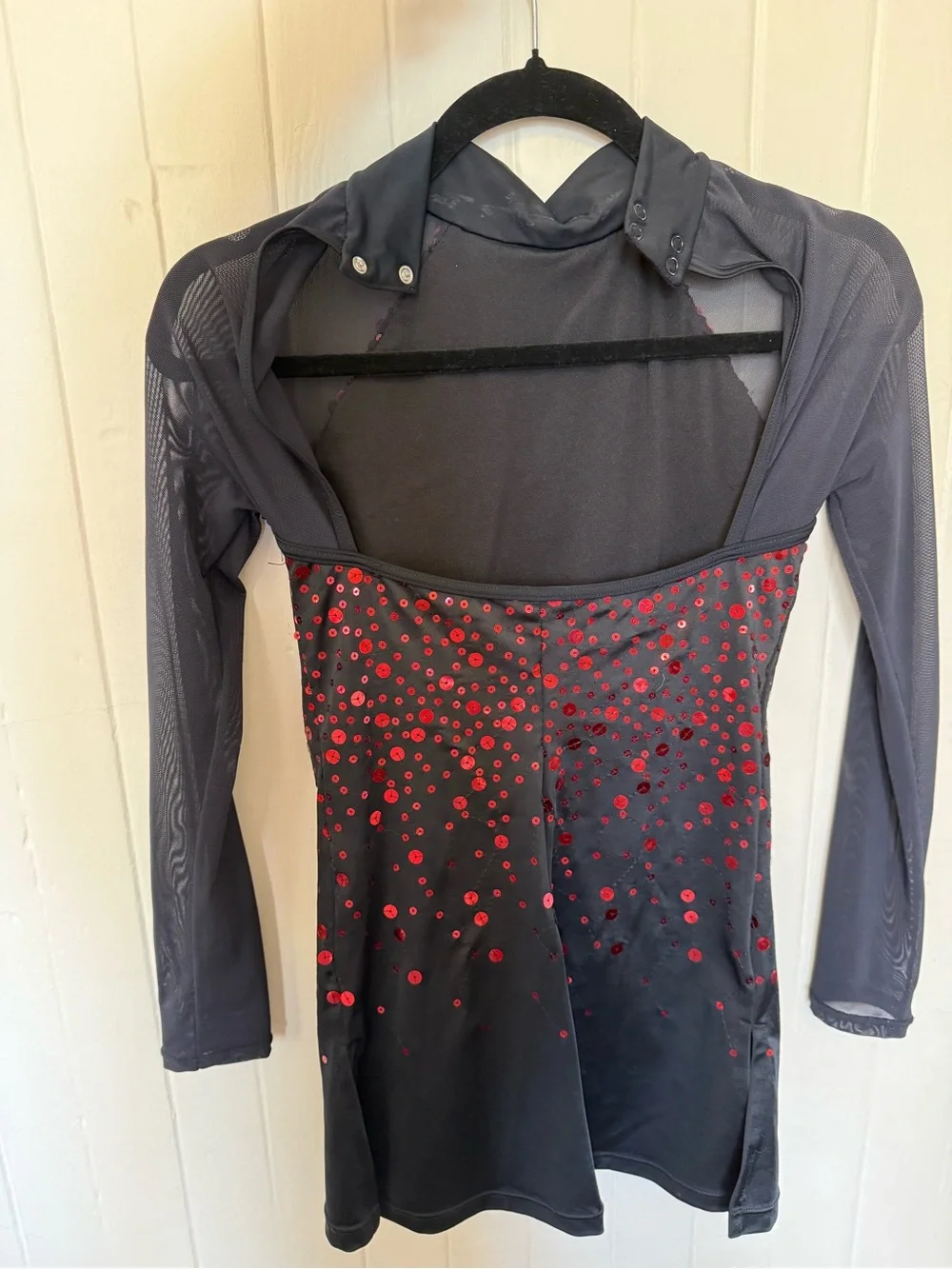 Black Long-Sleeve Sequin Dance dress with Red Sequin Detail